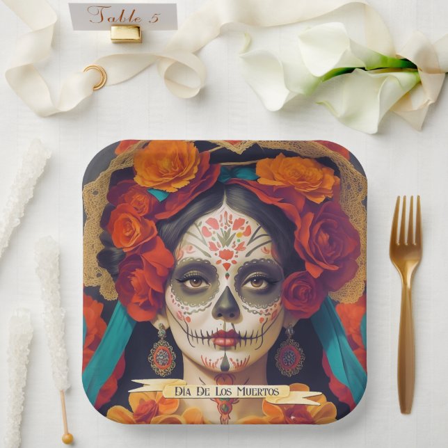 Catrina Day Of The Dead 1 With Text Paper Plates (Wedding)