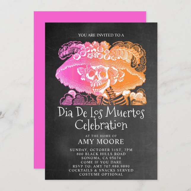 Catrina Dia De Los Muertos Chalkboard Party Invitation (Front/Back)