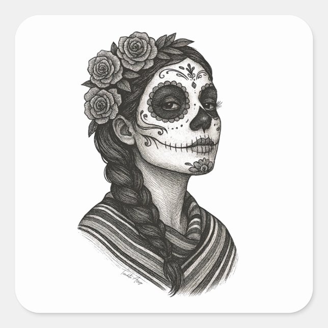 Catrina Mexicana Sarape Y Rosas Dia de Muertos Square Sticker (Front)