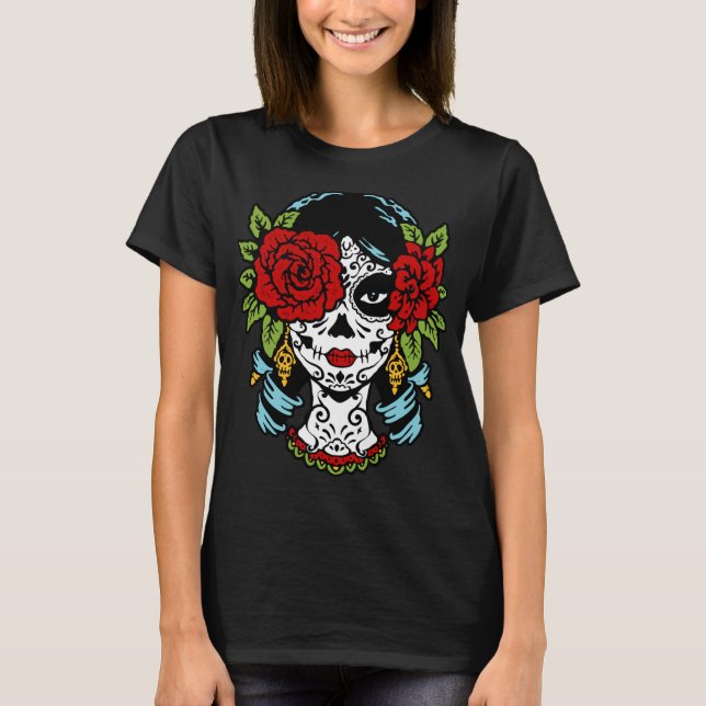 Catrina Rose Sugar Skull Calavera Mexico Skeleton  T-Shirt (Front)