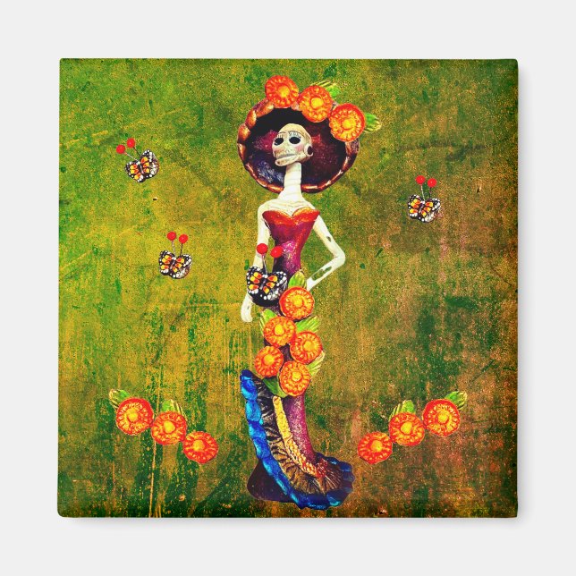 Catrina W/Hat, Orange Flowers & Blue Gold Ruffles Magnet (Front)
