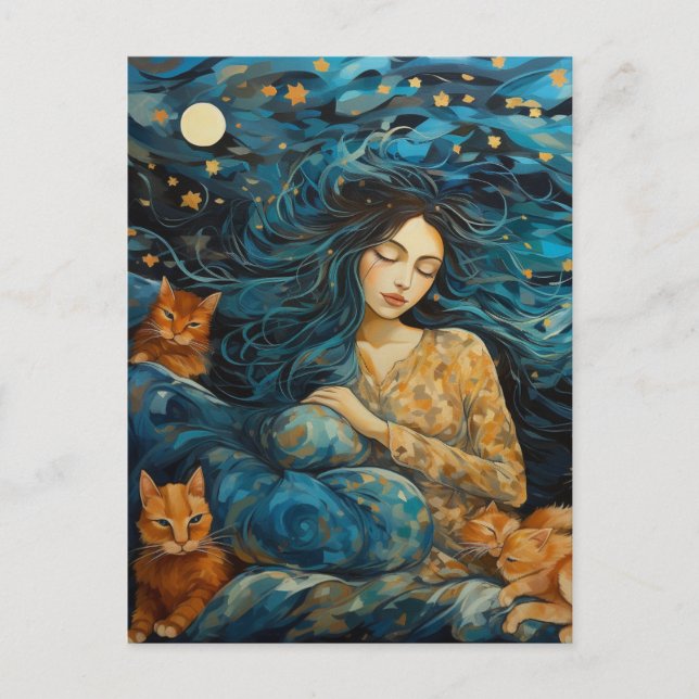 Cats and a Sleeping Woman in the Starry Night Postcard (Front)