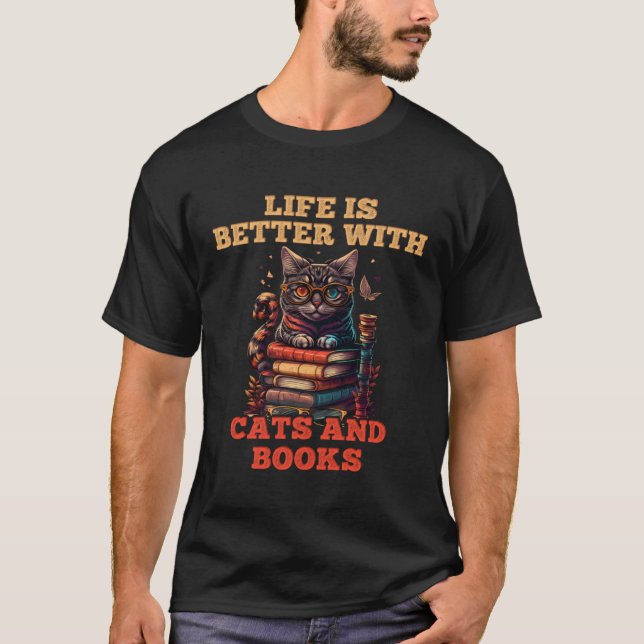 Cats and Books Bookworm Cat  Reading fans Catfans T-Shirt (Front)