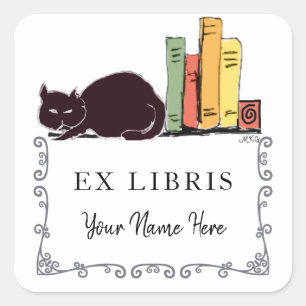 Cats and Books Home Library Bibliophile Bookplate Square Sticker
