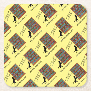 Cats and Books Square Paper Coaster