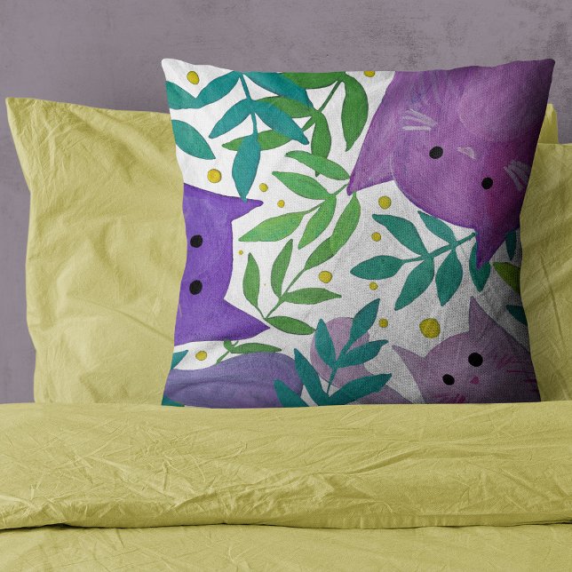 Cats and branches - purple and green cushion (Creator Uploaded)