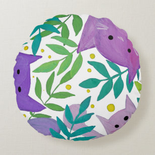Cats and branches - purple and green round cushion