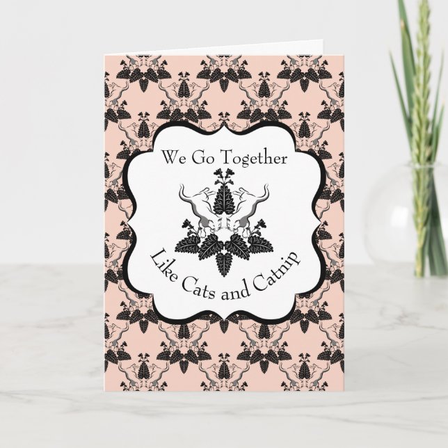 Cats and Catnip Damask Look Anniversary Card (Front)