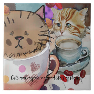 Cats and coffee and custom text ceramic tile