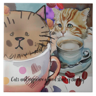 Cats and coffee and custom text ceramic tile
