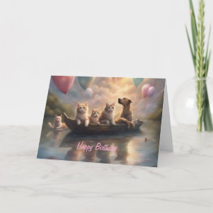 Cats and Dog floating balloon lake birthday Holiday Card