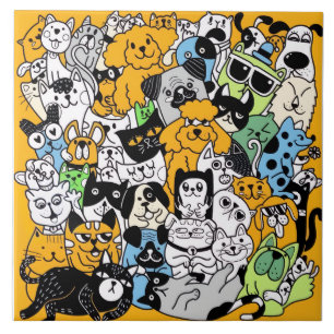 Cats and dogs doodle drawings ceramic tile