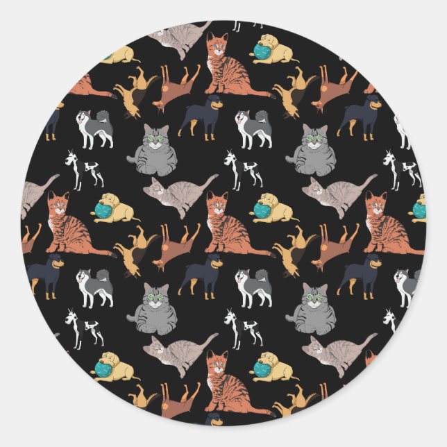 Cats And Dogs Pattern Design On Black  Classic Round Sticker (Front)