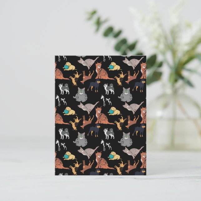 Cats And Dogs Pattern Design On Black  Postcard (Standing Front)