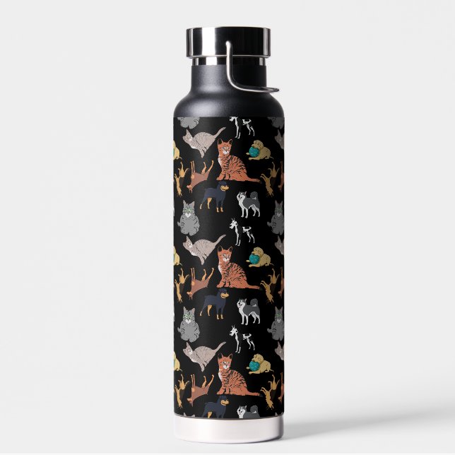 Cats And Dogs Pattern Design On Black  Water Bottle (Left)