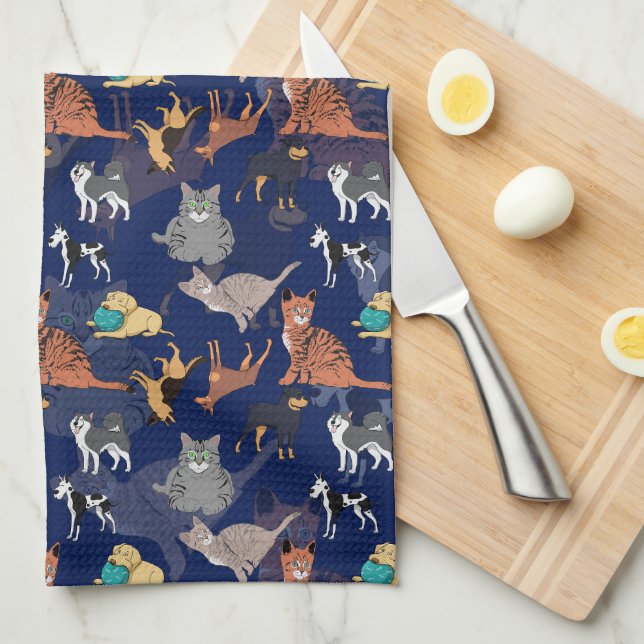 Cats And Dogs Pattern Design On Blue  Tea Towel (Quarter Fold)