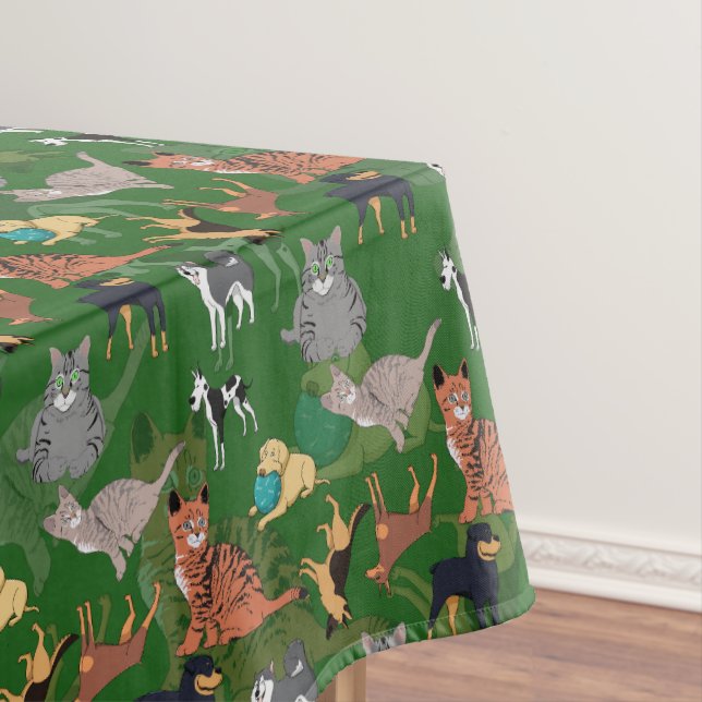 Cats And Dogs Pattern Design On Green  Tablecloth (In Situ)
