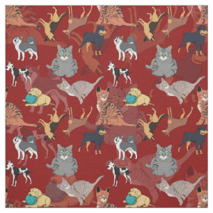 Cats And Dogs Pattern Design On Red Fabric