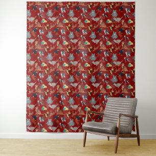 Cats And Dogs Pattern Design On Red Tapestry