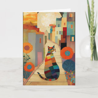 Cats and flowers in a moonlit village thank you card