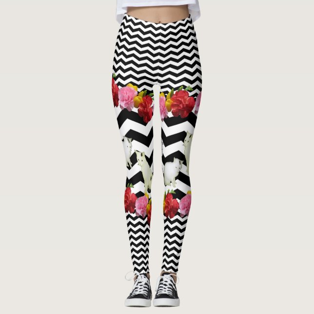 Cats and Flowers on Black Chevron Leggings (Front)