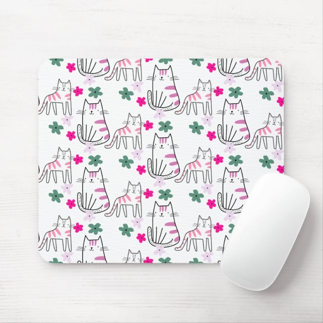 Cats and Flowers On White Mouse Pad (With Mouse)