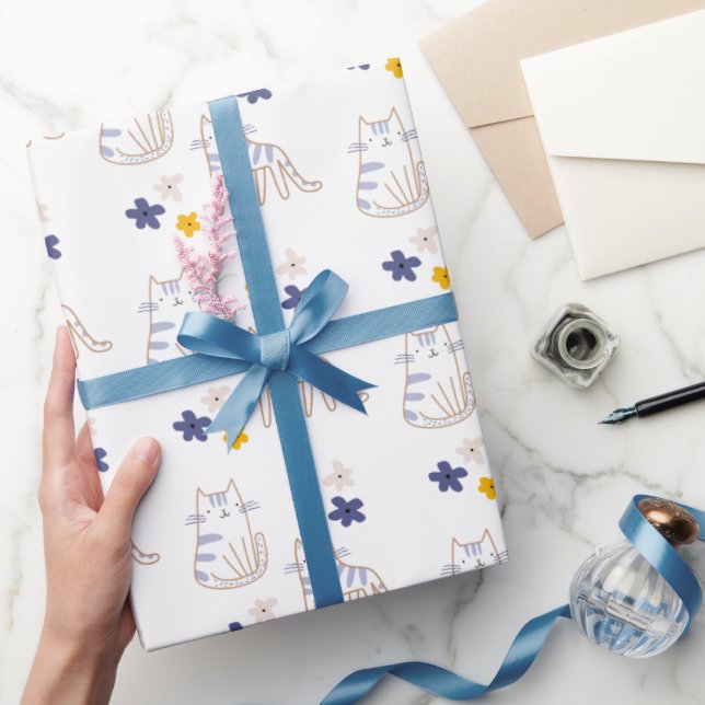 Cats and Flowers On White Wrapping Paper (Gifting)