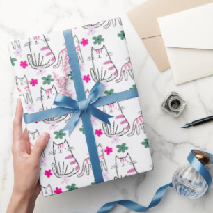 Cats and Flowers On White Wrapping Paper