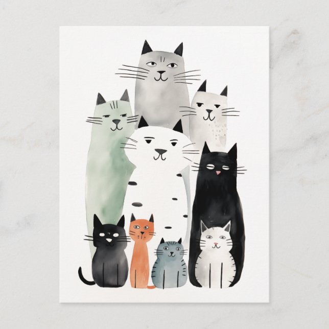 Cats and Friends Watercolor Gouache Illustration Postcard (Front)