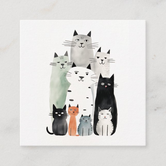 Cats and Friends Watercolor Gouache Illustration Square Business Card (Front)