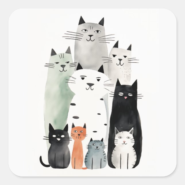Cats and Friends Watercolor Gouache Illustration Square Sticker (Front)