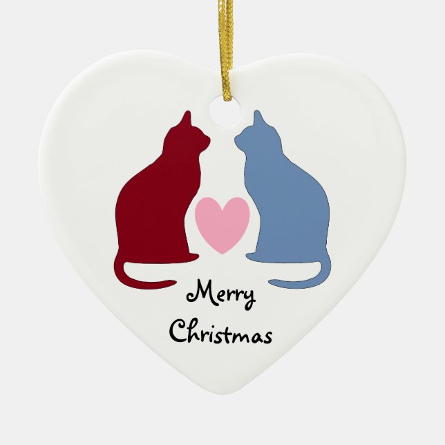 Cats and Hearts Merry Christmas Ceramic Ornament (Front)