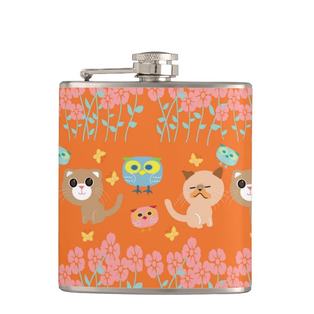 Cats and owls patterns hip flask (Front)