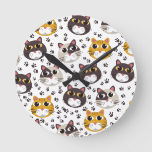 Cats and paw prints pattern throw pillow round clock