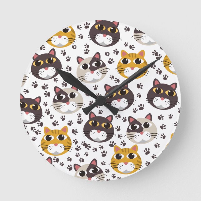 Cats and paw prints pattern throw pillow round clock (Front)