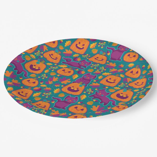 Cats and pumpkins embroidery paper plate (Angled)