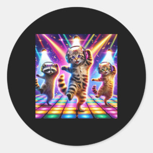 Cats And Racoon Wearing Headsets Dancing On The D Classic Round Sticker