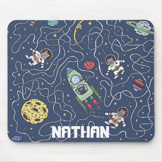 Cats and Rockets in Space Personalised Kids Mouse Pad (Front)