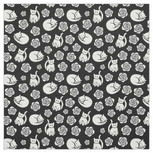 Cats and Roses Black and White Fabric