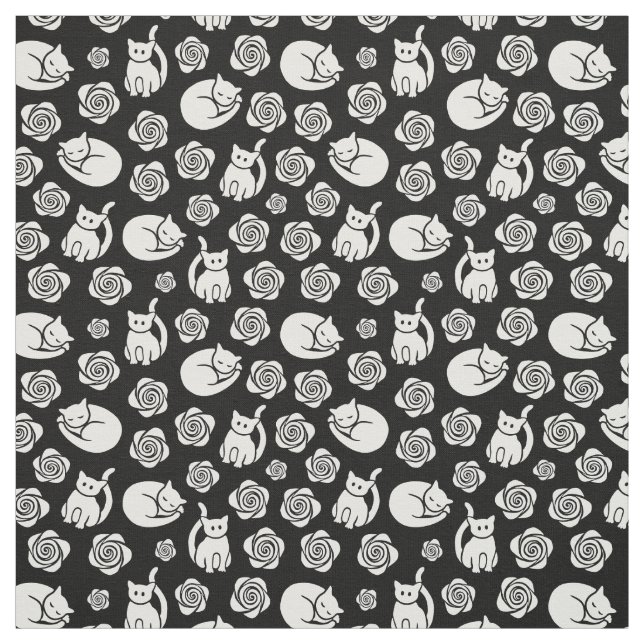 Cats and Roses Black and White Fabric (Swatch)