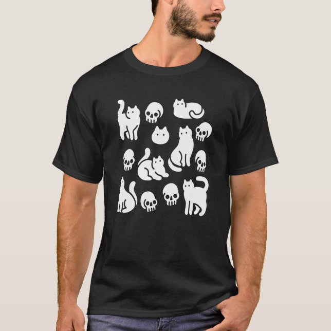 Cats And Skulls Pattern Halloween T-Shirt (Front)