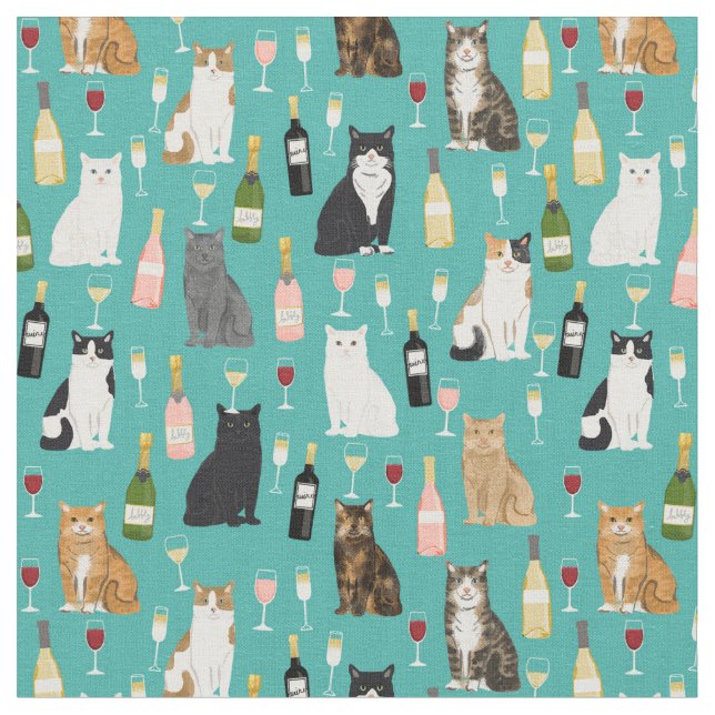 Cats and Wine cat lady pattern Fabric (Close Up)