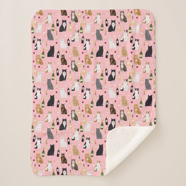 Cats and wine cute pink pattern sherpa blanket (Front)