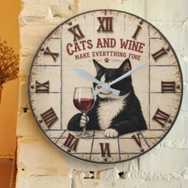 Cats and Wine Make Everything Fine Large Clock (Creator Uploaded)