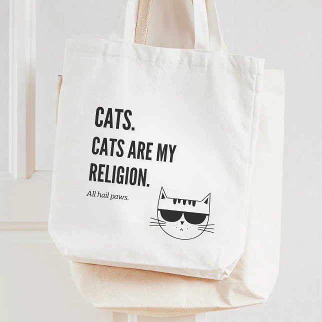 Cats Are My Religion Funny Quote Two-Sided Print Tote Bag (Creator Uploaded)