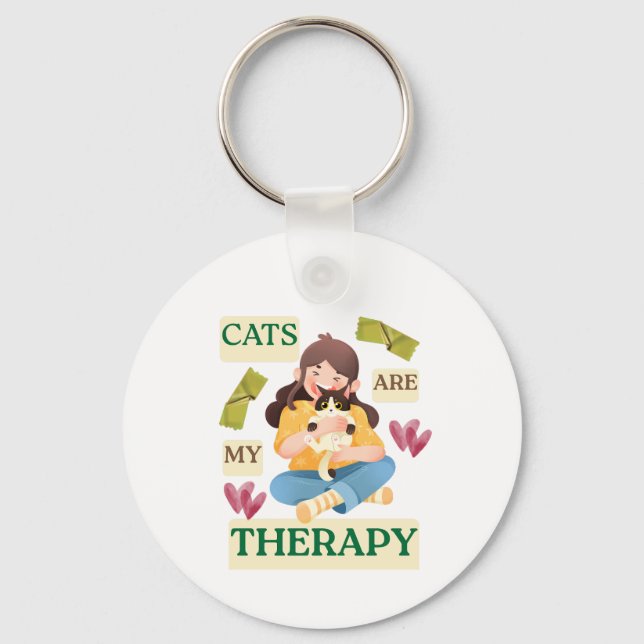 Cats Are My Therapy – Cute Cat Lover Design  Key Ring (Front)
