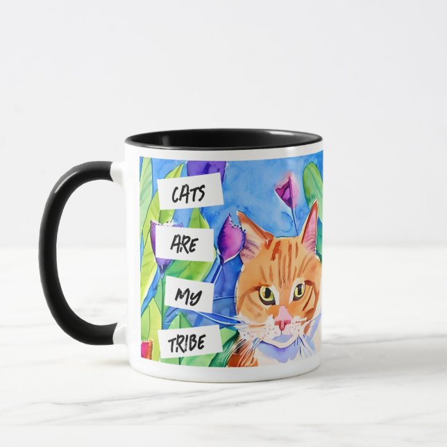Cats are My Tribe | Orange Cat and Flowers Mug (Left)