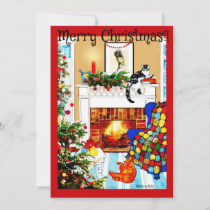 Cats around Cosy Hearth with Fire Christmas Card