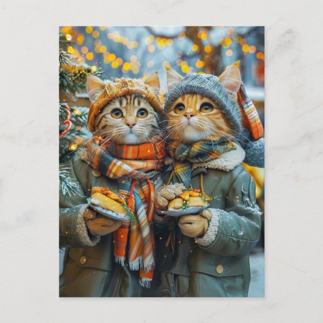 Cats at a German Christmas Market Holiday Postcard (Front)