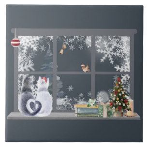 Cats at Christmas Window Ceramic Tile